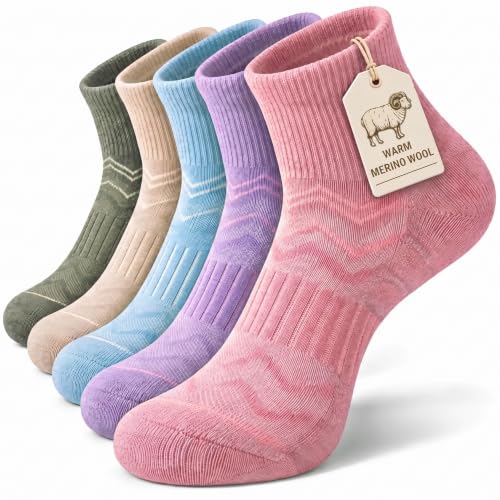iCamter 5 Pairs Merino Wool Hiking Socks for Women Men - color: Army Green Apricot Blue Purple Red, size: 5-9