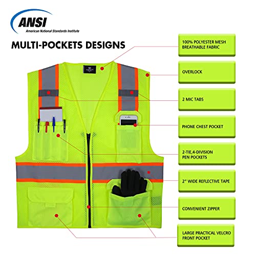 VENDACE Hi Vis Safety Reflective Mesh Vest for Men ANSI Class 2 High Visibility Vest with 8 Pockets and Zipper - color: Yellow, size: X-Large