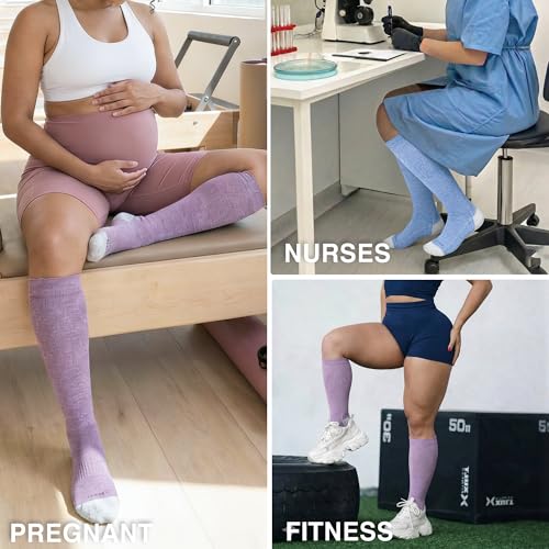 LEVSOX Bamboo Viscose Wide Calf Compression Socks 20-30 mmHg with Cushioned - color: Purple Grey, size: Medium