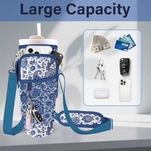 Water Bottle Carrier Bag for Stanley Cup 40/30oz, Neoprene Water Bottle Holder Pouch with 3 Pocket Adjustable Shoulder & Hand Strap - color: Blue Mandala Paisley