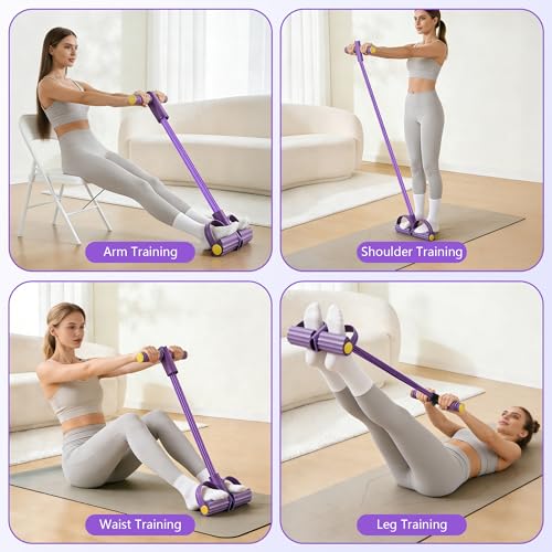 Pedal Resistance Band with Handle, 6-Tube Natural Rubber Exercise Bands - color: Purple