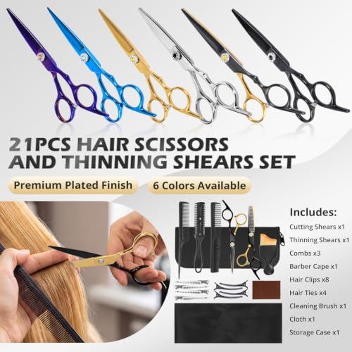 21Pcs 440C Hair Cutting Scissors Kit, Hair Scissors & Thinning Scissors Set - color: Black & Gold
