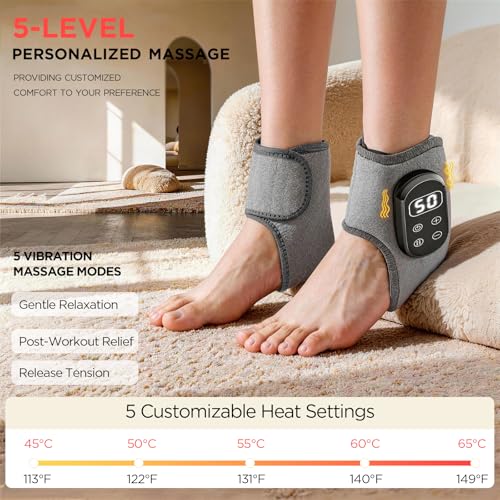 Foot Renew Massager for Neuropathy,4-in-1 Cordless & Portable Foot and Ankle Massager for Heel Warming Heating Pad Heated Brace Wrap With 5 Vibration Modes,4 Heat Levels,Portable for Home,2pcs,Grey