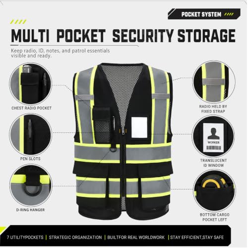 A-SAFETY Mesh High Vis Vest, Reflective Construction Vest with Pockets - color: Black, size: X-Large