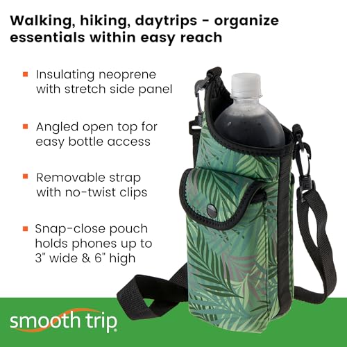 Smooth Trip Insulating Neoprene Water Bottle Carrier With Strap and Phone Pocket (Fern Pattern) - color: Fern Pattern