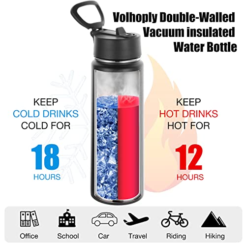 Volhoply 24oz Insulated Water Bottle with Straw Lid, Black, 1-Pack - color: Black