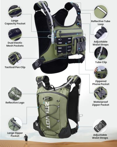 Zelvot Running Vest with 2L Water Bladder, Hydration Backpack, U.S. Design Patent, Lightweight Hydration Pack with Gear Holder, Reflective Chest Pack for Men Women - color: Olive, size: M/L (12L)