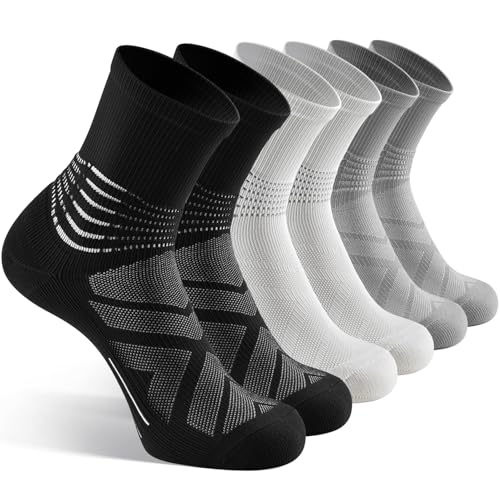 IRAMY Compression Ankle Support Crew Socks Men Women Wicking Plantar Fasciitis Relief Running Hiking Socks 3 Pairs - color: Black+white+light Grey-3 Packs, size: Large