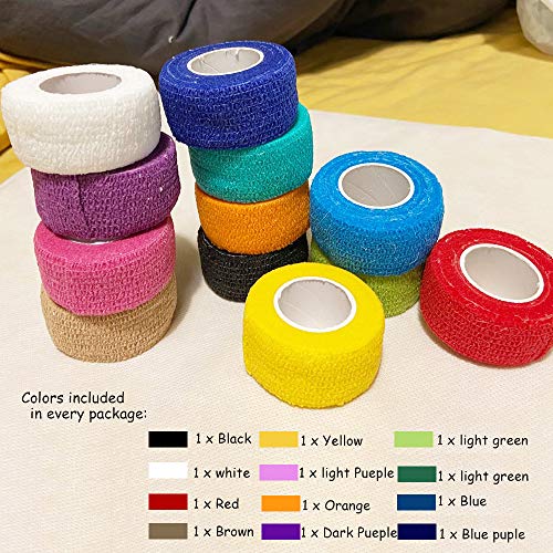 12 Pack Self Adhesive Bandage Wrap, 1" x 5 Yards, Cohesive Athletic Tape - size: 1x180 Inch (Pack of 12)