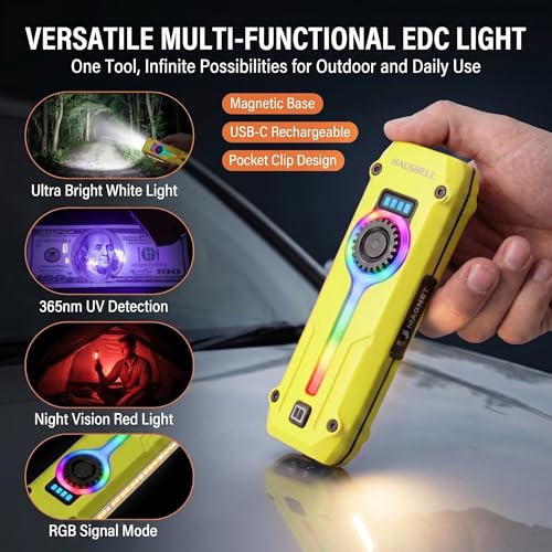 HAUSBELL Flat EDC Flashlight 1800LM Turbo, 0.6" Ultra-Slim Pocket Light with Stepless Dimming Dial, Magnetic Base, 365nm UV & Red Laser, Side-COB Flood, USB-C Fast Charge, IP44 Weatherproof - color: Yellow