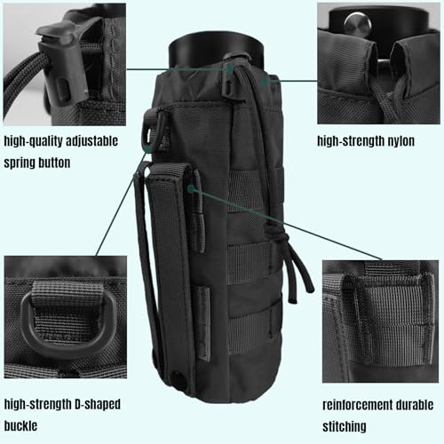 Tactical MOLLE Water Bottle Holder, Upgraded Water Bottle Pouch with Drawstring Open Top & Mesh Bottom, 16/24/25/32oz Water Bottle Carrier Bag with D-Ring Hook for Backpack - color: Black
