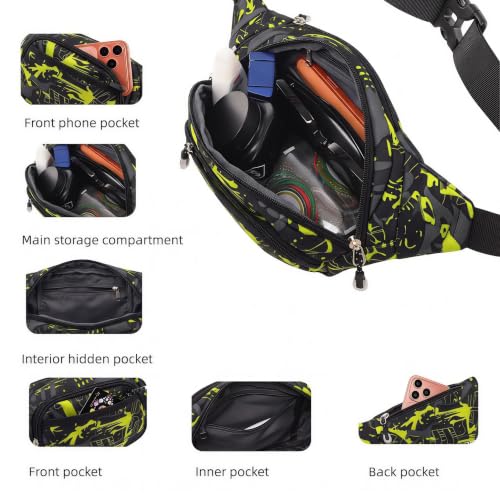 Large Fanny Pack for Men Women NSYOOMH, Crossbody Waist Bag 5-Zipper Pocket - color: Fluorescent Green