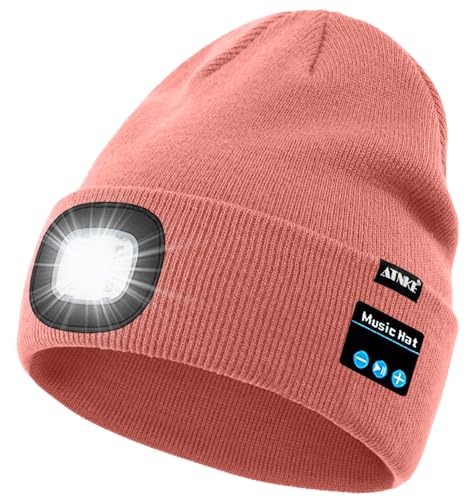 ATNKE LED Lighted Bluetooth Beanie Hat,USB Rechargeable 4 LED Wireless Music Running Headlamp Cap Gift for Men and Women - color: #Bean Paste Powder