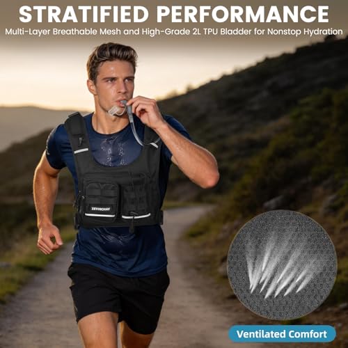 Hydration Pack Vest – Lightweight Chest Pack 2.0L Hands-Free Water Bladder Backpack, Reflective Strips, Adjustable Fit for Men and Women, Ideal for Marathon, Trail Running, Hiking, Cycling - color: Black