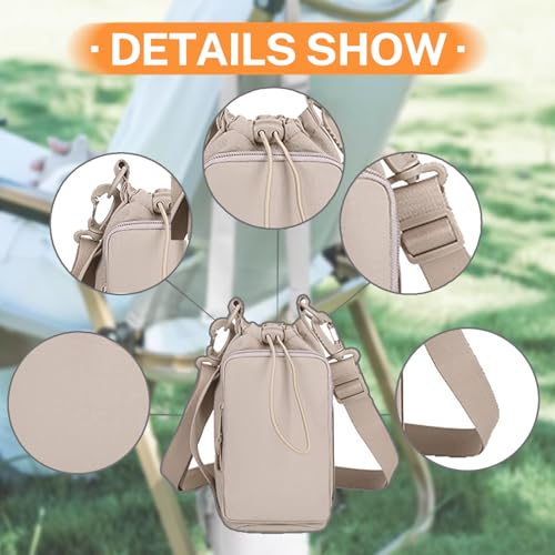 Water Bottle Holder with Phone Pocket for 40/32 oz,Water Bottle Holder/Sleeve with Adjustable Shoulder Strap and Charm. - color: Khaki