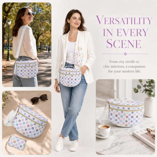 Makes Checkered Crossbody Bag Bum Bag for Women with Pouch - color: Puffer Triwhite Flower