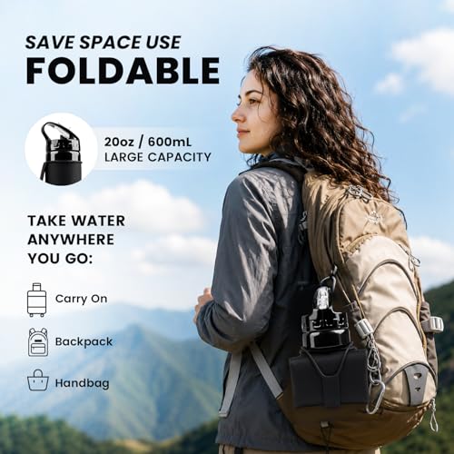 Collapsible Water Bottles 20oz, BPA-Free Silicone Foldable Water Bottle with Leak-Proof Lid Lightweight Portable Running & Travel Water Bottle for Hiking, Camping & Sports