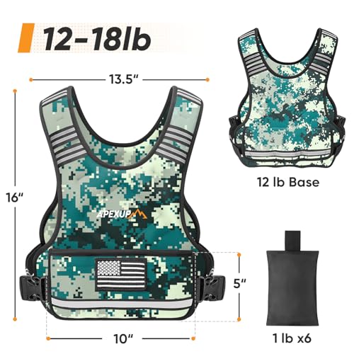 APEXUP Adjustable Weighted Vest, 4-10lb/12-18lb/20-32lb Vest with 6 Ironsand Weights and Large Pocket, Weight Vest for Men Women Strength Training, Running, Walking - color: Digital Camo, size: 12-18lbs