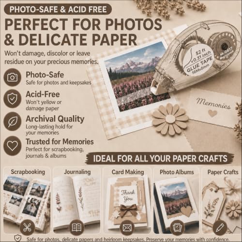 MARCADORUS Double Sided Tape Roller, Scrapbook Tape Runner Extra Long 52Ft - size: 52.5 Ft x 0.31 In : 8 Pack