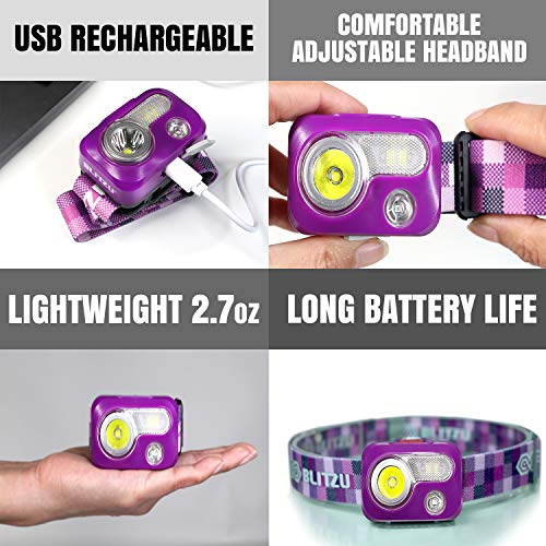 BLITZU Rechargeable LED Headlamp, Purple, Adjustable, Durable, Battery Powered, 500 Lumen, 150 Feet Range, 2 Special Modes, 120-Day Guarantee - color: Purple
