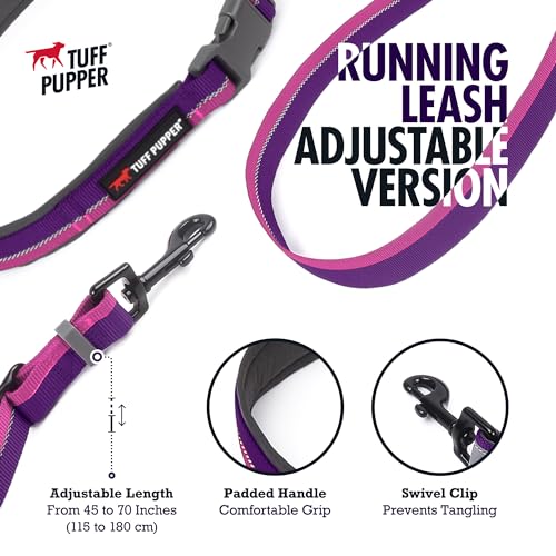 Tuff Pupper Hands Free Adjustable Length Dog Leash | Lightweight for Running Jogging Walking | Padded Waist Belt (24-50 inch) | Adjusts 3 to 6 Feet Length | Strong Ballistic Nylon w/Reflective Strips - color: Punch Purple