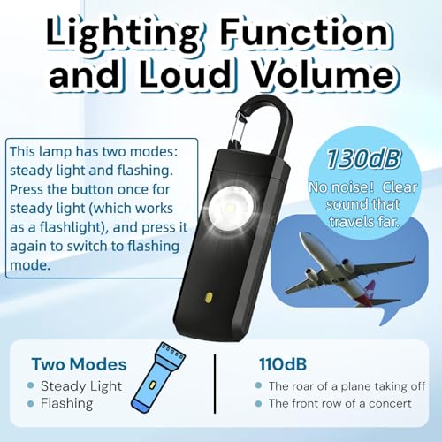 130dB Rechargeable Personal Alarm with Strobe Light & Low Battery Indicator - color: Black