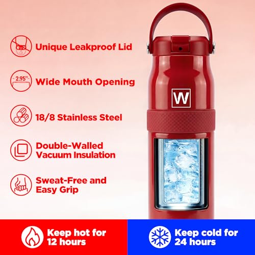 32 oz Insulated Water Bottle with Straw, Leakproof Stainless Steel Bottle with Handle, Non-Slip Silicone Sleeve, Internal Markings, Dishwasher Safe for Travel, Gym, Sports, Red - color: Red