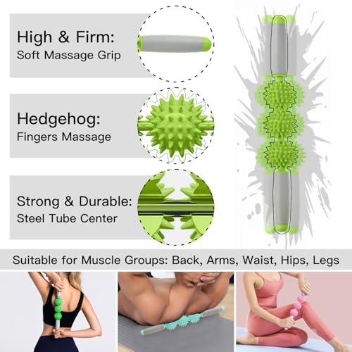 Fascia Muscle Roller, Cellulite Massager Fascia Roller for Cellulite and Sore Muscles, Neck, Leg, Back, Pressure Trigger Point Body Roller Deep Tissue Massage Stick Tools - 3 Massage Balls - color: Peak Green