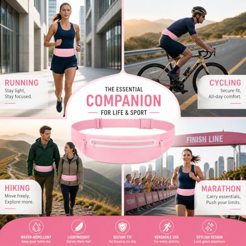 Slim No-Bounce Running Belt - Waterproof Exercise Waist Pack for Marathons, Hiking & Dog Walking - Hidden Travel Money Belt for Phones - color: Pink