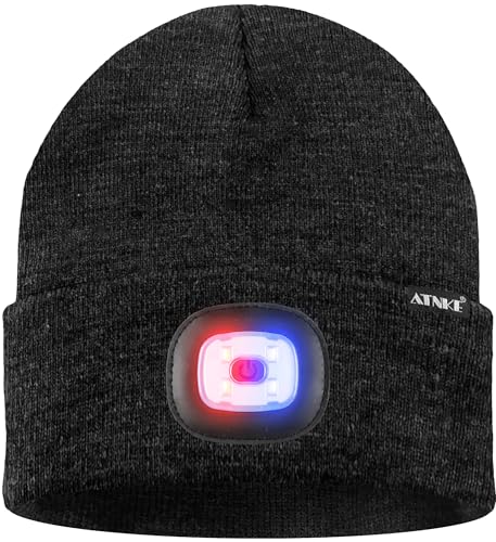 ATNKE LED Lighted Beanie Hat,USB Rechargeable 4 LED Red and Blue Flashing Running Headlamp Cap Gifts for Men and Women - color: #Dark Grey