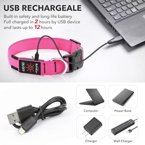 Illumifun LED Dog Collar, USB Rechargeable Light Up Collars, Waterproof Adjustable Safety Light for Small Dogs Night Walking (Pink, Small) - color: Pink, size: Small