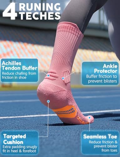 Juclise Women's Compression Crew Running & Hiking Socks, 3 Pairs, Cushioned - color: Classic Black+glacier White+dusty Pink, size: Small