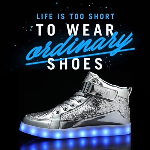 IGxx LED Light Up Shoes for Men Women Sparkly Sneakers High Top - color: Glitter Silver, size: 8 Women/7.5 Men