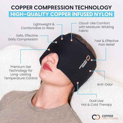 CopperFreeze™ Migraine Relief Mask Cap w/Cryo Gel by Copper Compression - Reusable 360° Ice Pack Band for Headaches - Eases Nausea, Sinus Pressure, Tension - Gift for Women, Men, Moms - One Size - style: Migraine Relief Mask