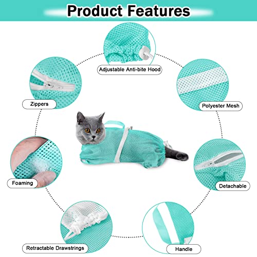 JULMELON 10 PCS Cat Washing Bag for Bath Shower Adjustable Net Grooming Set - color: Pink+Green
