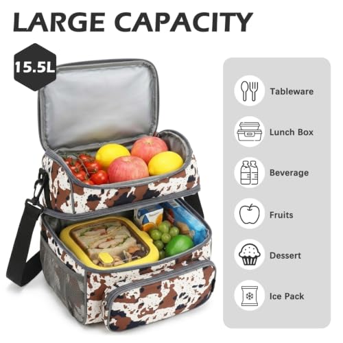 FlowFly Double Layer Cooler Insulated Lunch Bag Adult Lunch Box Large Tote Bag for Men, Women, With Adjustable Strap,Front Pocket and Dual Large Mesh Side Pockets - color: Cow