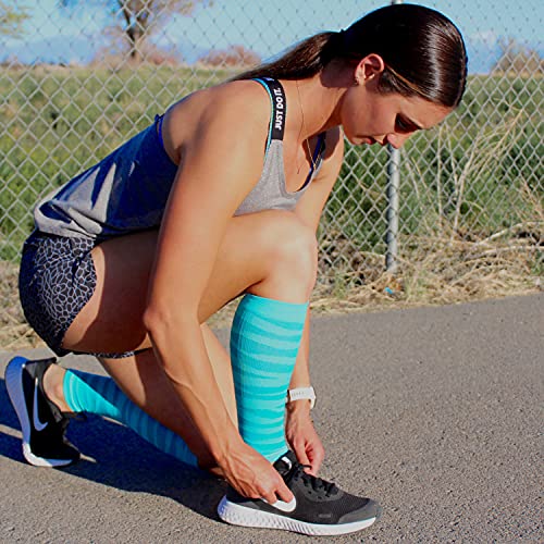 Calf Compression Sleeve for Men and Women - 20-30mmHg, Shin Splint, Running, Leg Pain, Calf Cramps and Recovery - color: Run Lite - Tiger Stripe Sky Blue, size: Large