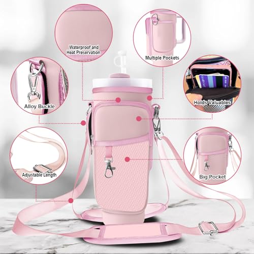 Stanley Carrier Bag for Stanley 40oz/30ozTumbler with Phone with 2 Adjustable Strap,3 Pockets Bottle Stanley Cup Carrier Bag & Case,Accessories for Hiking Travelling - color: Pink