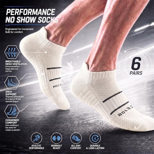 Running Socks Men Size 10-13 Ankle Height with Heel Tab for Athletic - color: 6 Off White, size: X-Large