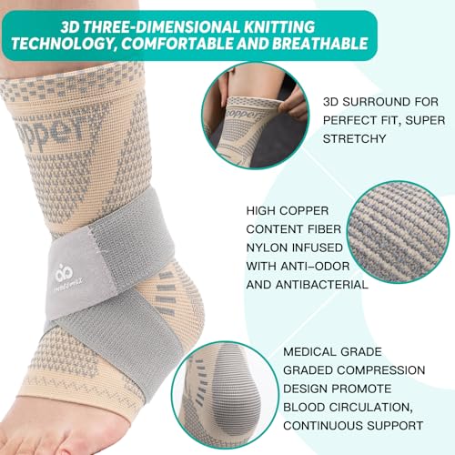 INDEEMAX Ankle Brace for Sprained Ankle Compression Sleeve, 2 Pack Copper Infused Ankle Support Brace for Women & Men, Plantar Fasciitis Relief Achilles Tendonitis, Sports Running, Skin Silver, XL - color: Skin Silver 2 Pack, size: X-Large