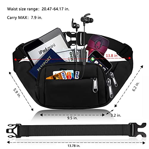 Large Fanny Pack for Women Men - Syican Waist bag with 3-Zipper Pockets - color: Black+Extended Belt