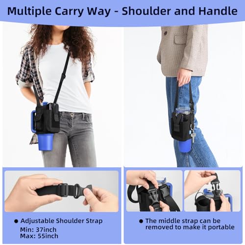 Xxerciz Water Bottle Carrier Pouch with Phone Pocket for Stanley 30 oz Tumbler with Handle, Nylon Water Bottle Holder Pouch with Adjustable Strap for Stanley Cup Accessories, Black