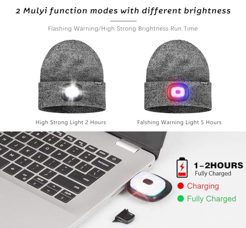 ATNKE LED Lighted Beanie Hat,USB Rechargeable 4 LED Red and Blue Flashing Running Headlamp Cap Gifts for Men and Women - color: #Blended Black White