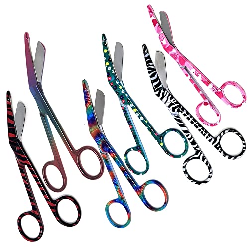 6 Pcs Set of Bandage Scissors 5.5" Long, Nurse Vet Tech Gift - Made of Stainless Steel with Colorful Patterns, First Aid, Used For Cutting Gauze, Tape, Clothing Bandages, Vet Wrap Adhesive Removal - style: Set 5