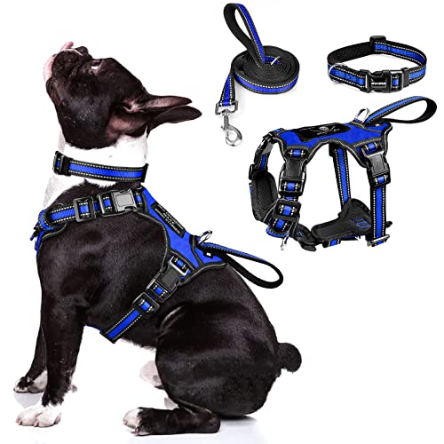 WINSEE Pet Harness Collar and Leash Set, All-in-one Reflective Dog Harness No Pull with Adjustable Buckles for Puppies, Small, Medium, Large, and Extra-Large Dogs (Medium, Dark Blue) - color: Dark Blue, size: Medium