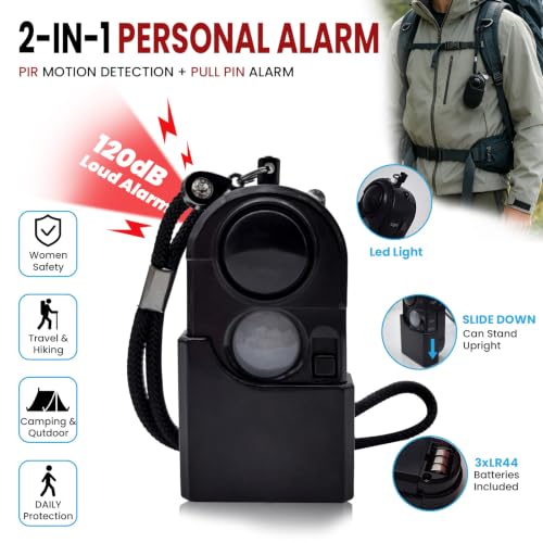 2 Packs Portable Mini Motion Detector Alarm-120DB Ear-Piercing Siren-SOS LED Light, Hotel Door Room Security Device for Female Women Kids Life Safety While Travelling Alone