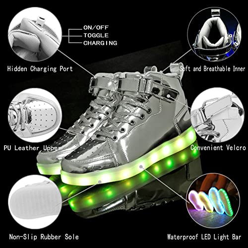 Hot Dingding Light Up Sneakers High Top LED Flashing Shoes, USB Rechargeable Glowing Luminous Shoes for Men Women Teens Halloween Party - color: Silver, size: 11 Women/9 Men