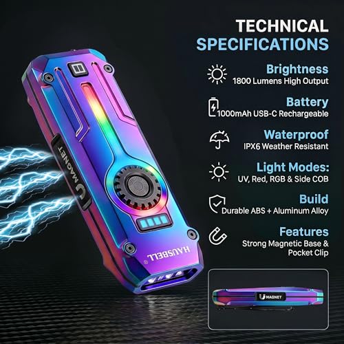 HAUSBELL Flat EDC Flashlight 1800LM Turbo, 0.6" Ultra-Slim Pocket Light with Stepless Dimming Dial, Magnetic Base, 365nm UV & Red Laser, Side-COB Flood, USB-C Fast Charge, IP44 Weatherproof - color: Iridescent