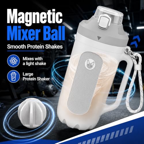 32oz Insulated Water Bottle Multi-Function Sports Jug with Handle & Magnetic Blender - Leak Resistant for Baseball Football Gym & Outdoor Activities (Pure White & Light Gray) - color: Pure White & Light Gray