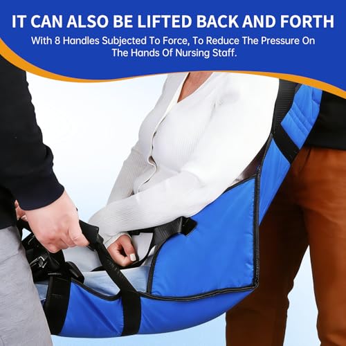 Patient Lift Transfer Pad with Reflective Strips, Transfer Sling for Elderly & Disabled, Stair Assist Evacuation Aid, Wheelchair to Bed Car Transfer Device, 8 Handles, 260 lbs - color: Blue Reflective